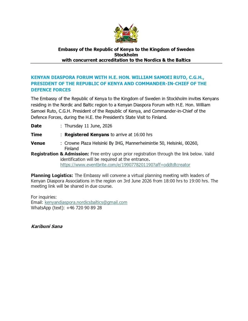DIASPORA ENGAGEMENT FORUM WITH H.E. HON. WILLIAM SAMOEI RUTO, PhD, CGH, PRESIDENT OF THE REPUBLIC OF KENYA IN HELSINKI, FINLAND ON 11TH JUNE 2026.